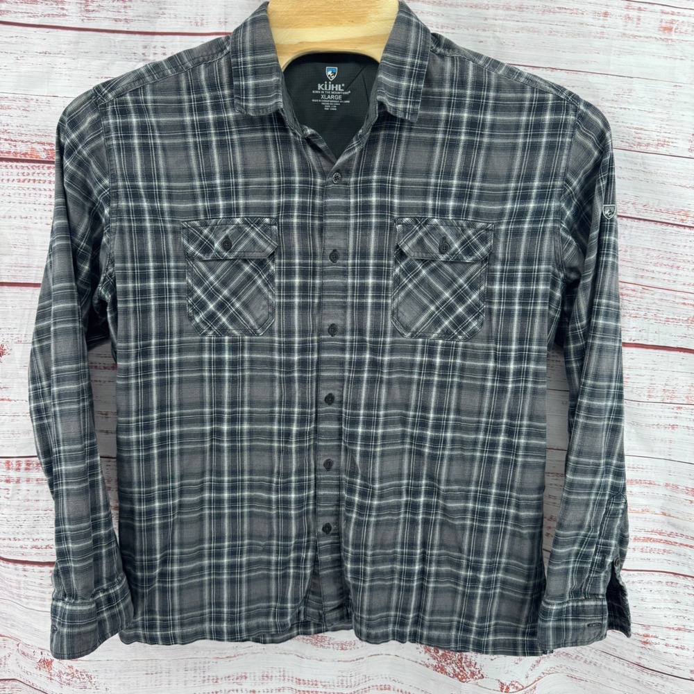 Kuhl Flannel Shirt Mens XL Grey Plaid Button Down Long Sleeve Lightweight Hiking